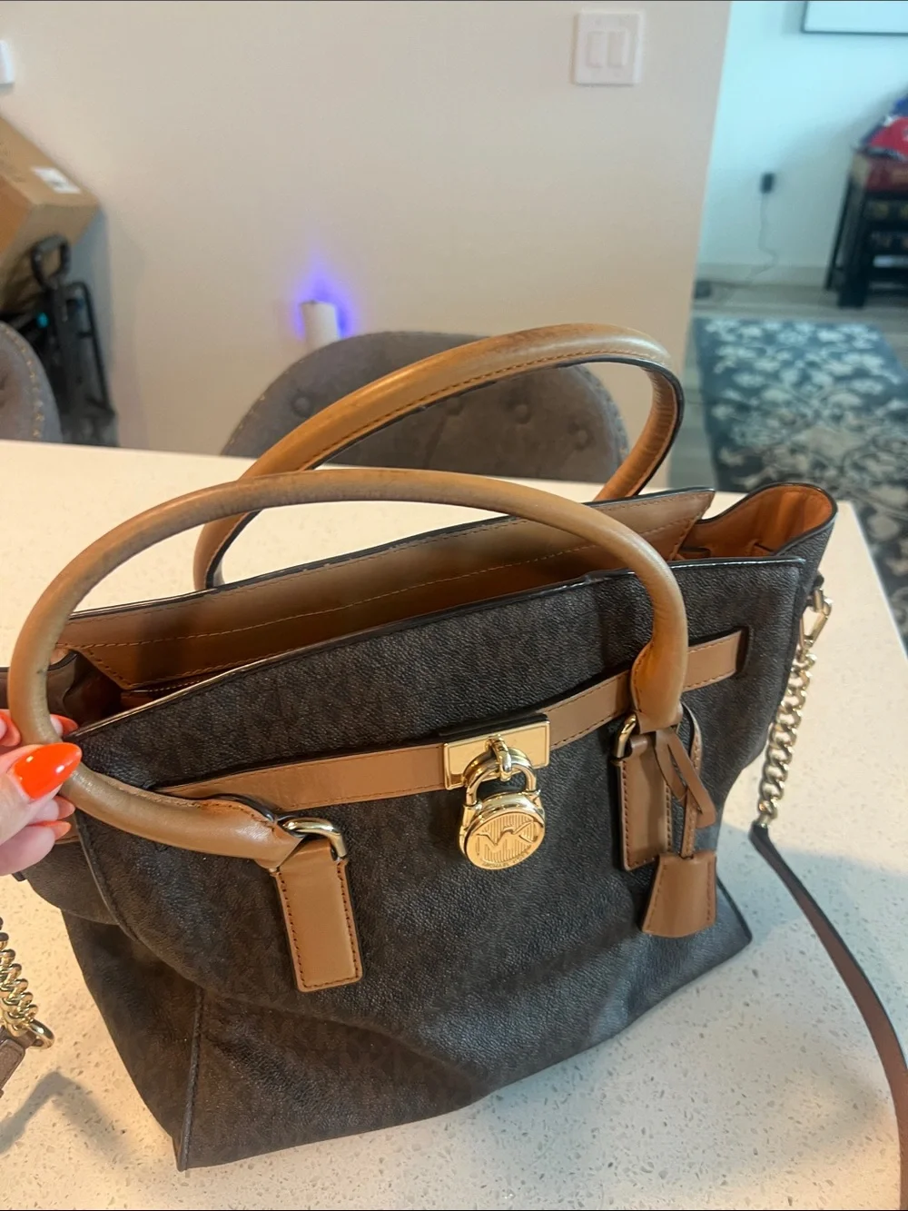 Michael Kors Brown and Tan Satchel with Gold Lock Accent